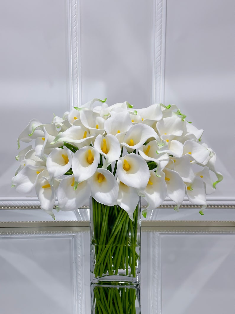 May include: A display of white calla lilies with yellow centres and green edges, presented in a clear, rectangular glass vase. The stems are green. The flowers are set against a white backdrop.