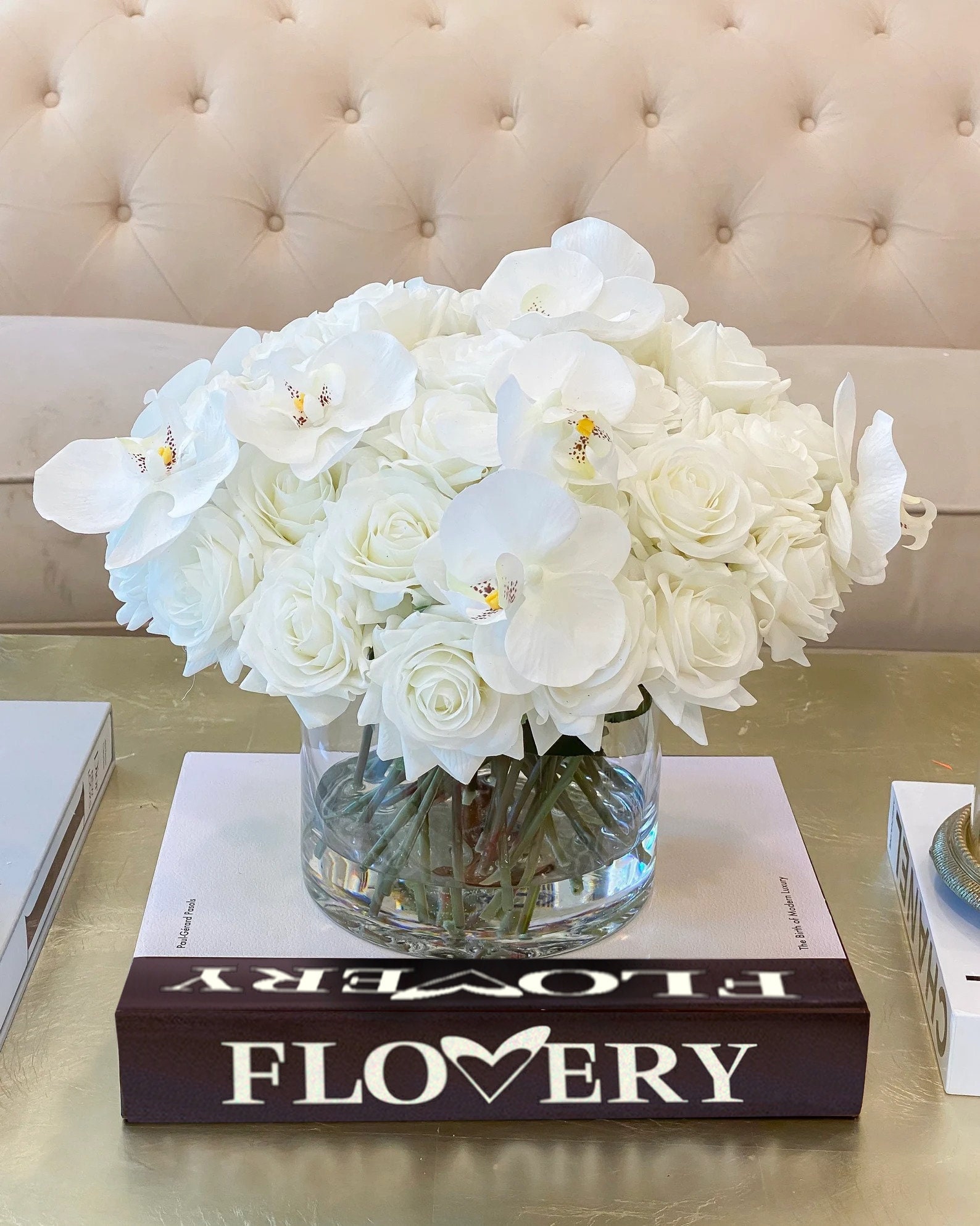 Large elegant arrangement with white real touch roses and real touch orchid arrangement in glass vase