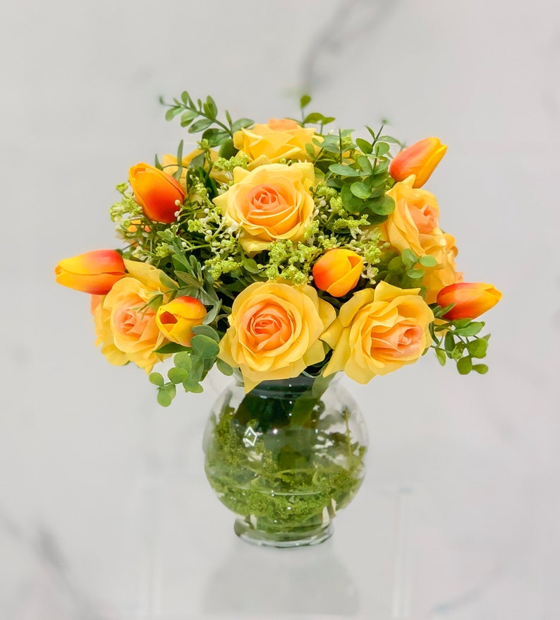 Real Touch Yellow Roses Centerpiece Real Touch Orange Tulips Etsy