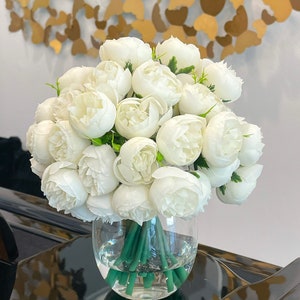 White Peony Arrangement-54 Silk Small Peonies Arrangement-Artificial Faux Centerpiece-Silk Flowers Arrangement-Home Decor Modern Arrangement With Classic Vase