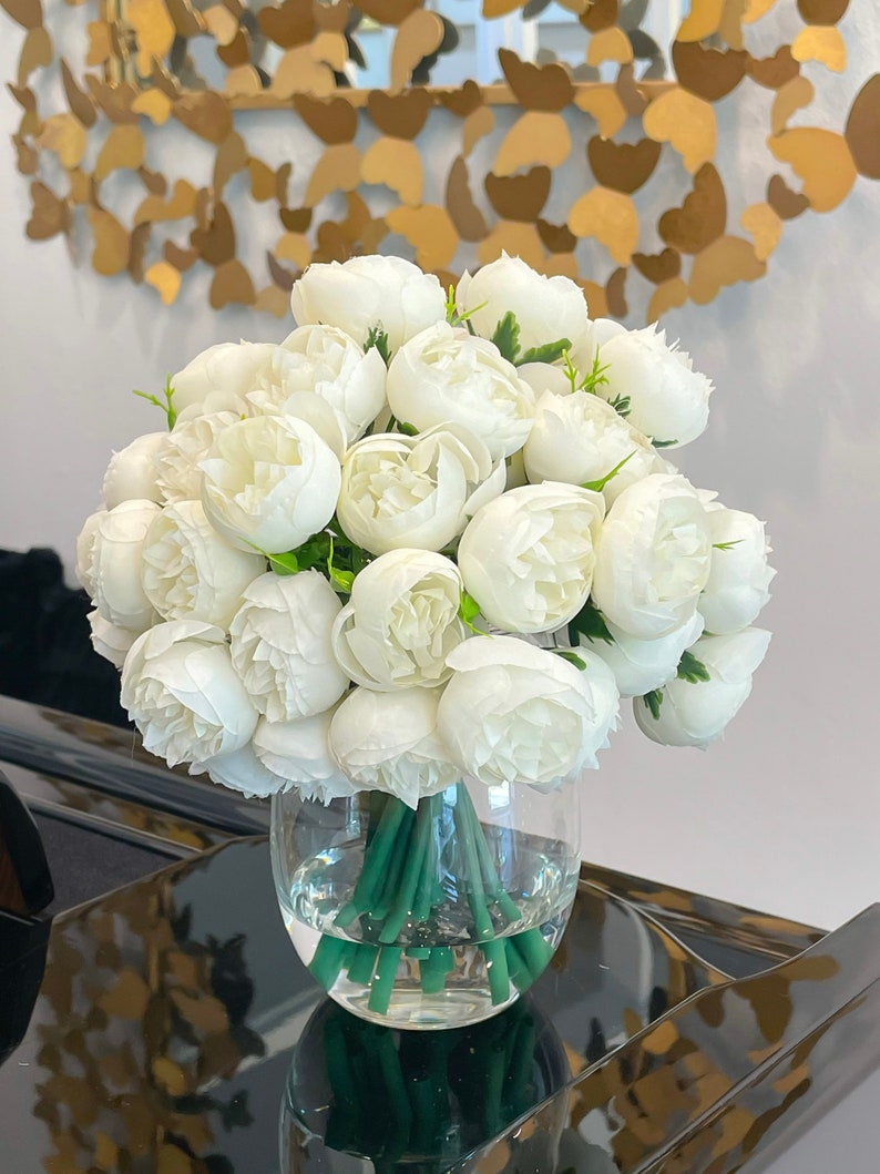 White Peony Arrangement-54 Silk Small Peonies Arrangement-Artificial Faux Centerpiece-Silk Flowers Arrangement-Home Decor Modern Arrangement With Classic Vase