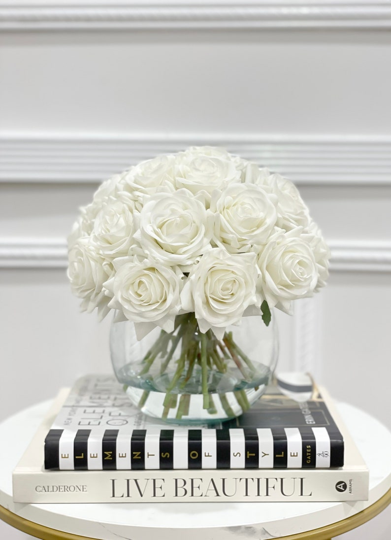 French Country Artificial Flowers Arrangement-Wedding Flower Arrangement-Real Touch White Roses Arrangement-White Rose Modern Centerpiece image 5