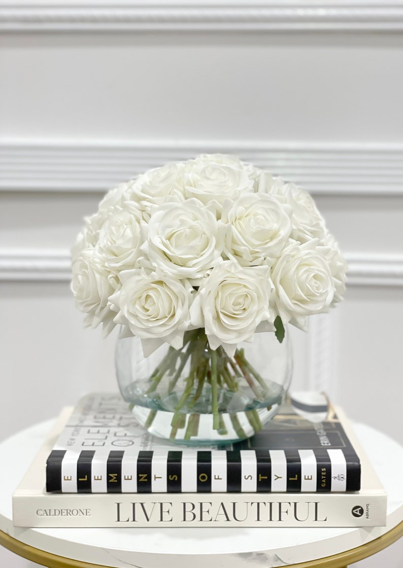 French Country Artificial Flowers Arrangement-Wedding Flower Arrangement-Real Touch White Roses Arrangement-White Rose Modern Centerpiece image 3