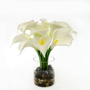 Large Real Touch White Calla Lilies Artificial Flowers Arrangement in Round Glass Vase for Artificial Faux Home Decor image 2