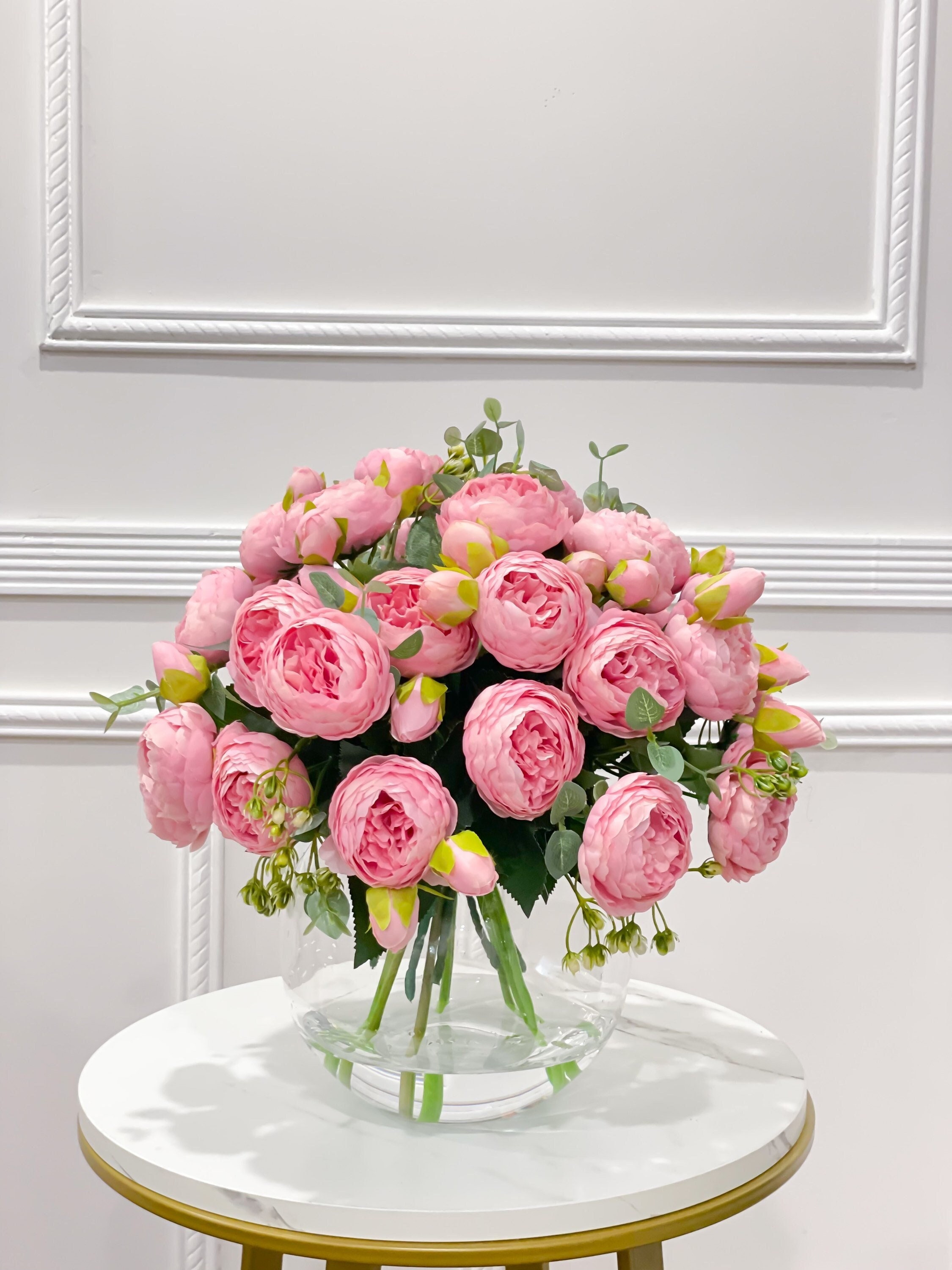 Pink Rose Peony Floral Arrangement in Gold Metal Vase 9 Tall – FloralGoods