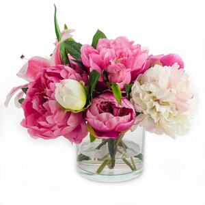 Large Silk Flower Arrangement-Silk Peony Centerpiece-Fuchsia Pink Peonies Arrangement-Silk Casablanca Lilies Arrangement-Faux Centerpiece image 2