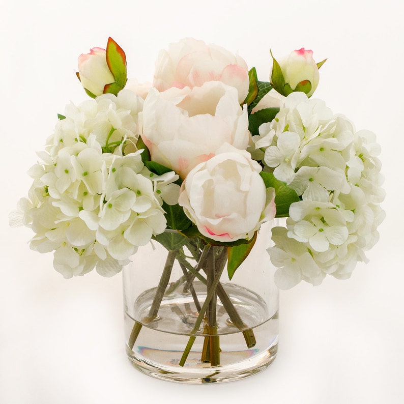 Large Peony Arrangement, Light Pink Silk Peonies Arrangement, Hydrangeas Artificial Faux Arrangement, Cylinder Glass Vase, Silk Centerpiece image 2