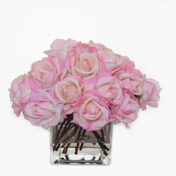 Large Real Touch Pink Rose Arrangement With Square Glass Vase Etsy