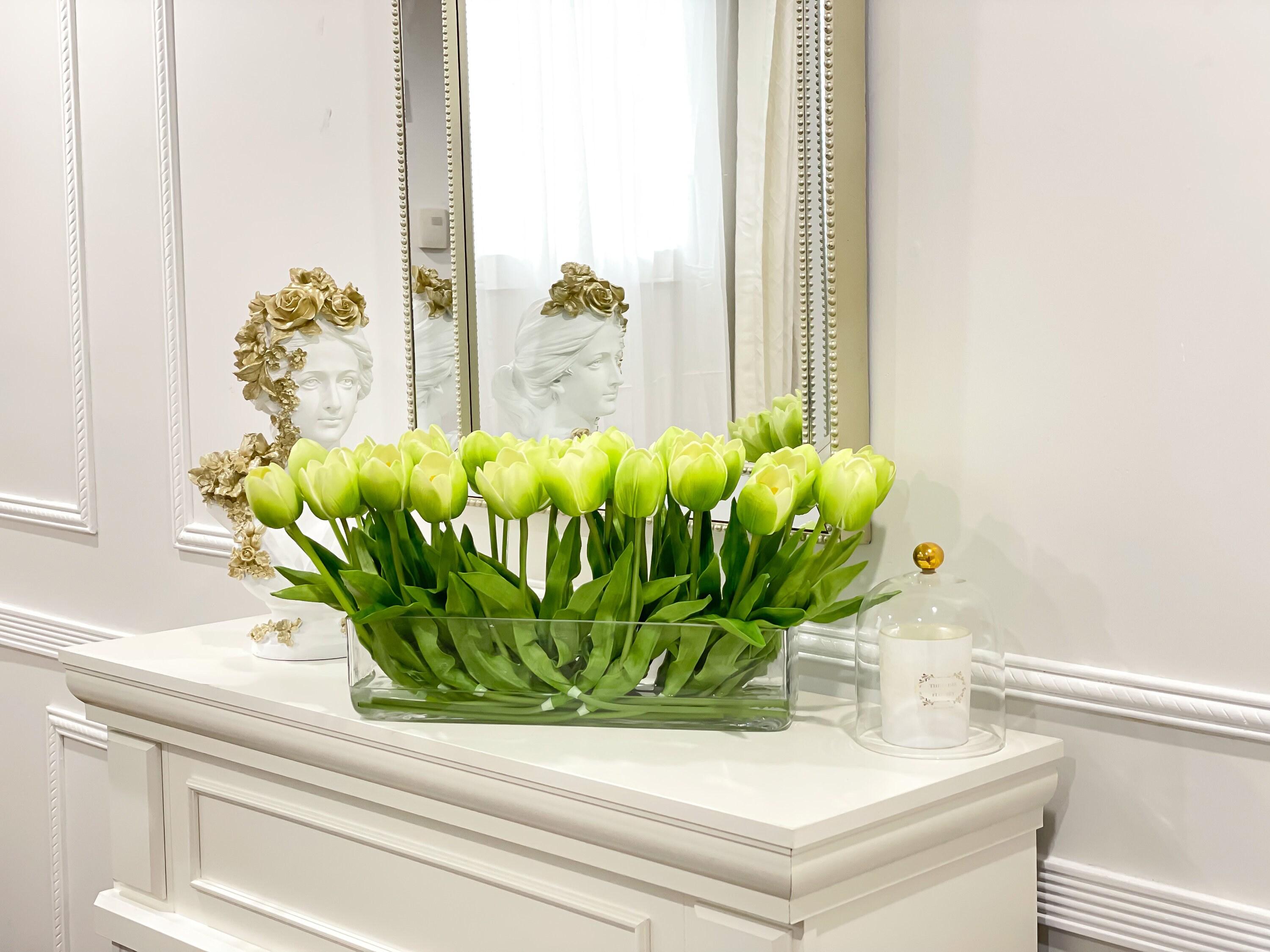 Ombré lange Touch Rechteck-Glasvase, Moderne Real grünes Tulpen-Imitat-Mittelstück-luxuriöser französischer künstliches in Blumendekor Tulpenanordnung