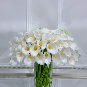 May include: A display of white calla lilies with yellow centres and green edges, presented in a clear, rectangular glass vase. The stems are green. The vase is on a reflective surface against a white backdrop.