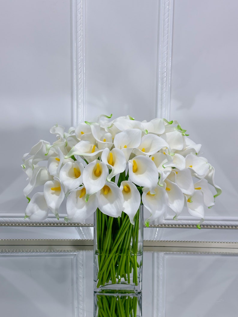 May include: A display of white calla lilies with yellow centres and green edges, presented in a clear, rectangular glass vase. The stems are green. The vase is on a reflective surface against a white backdrop.