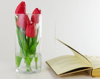 Real Touch Red Tulips Cylinder Glass Vase Faux Artificial Arrangement for Home Decor