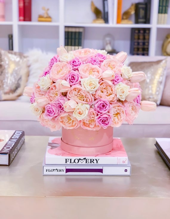 Pink Tulips with Peach Roses Signature Box Pink Tulips with Peach Roses Signature Box