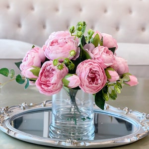 Pink Rose Peony Arrangement-Silk Peonies In Glass Vase-Peony Centerpiece-Artificial Faux Flower Arrangement-Home Decor Centerpiece