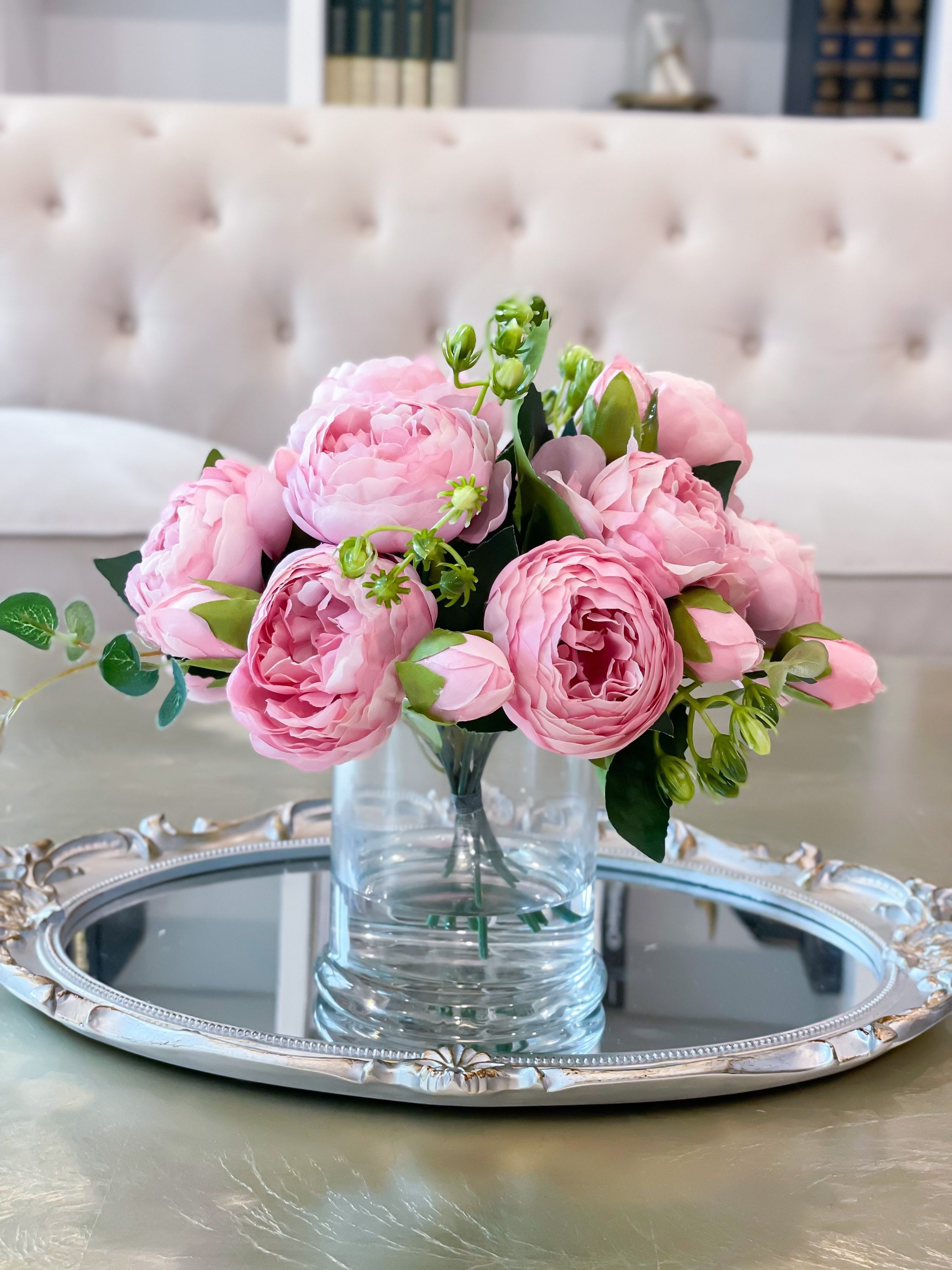 Arrangement-silk Faux Centerpiece Etsy Decor Vase-peony Centerpiece-artificial Flower Arrangement-home in Pink Peonies Rose Peony Glass -