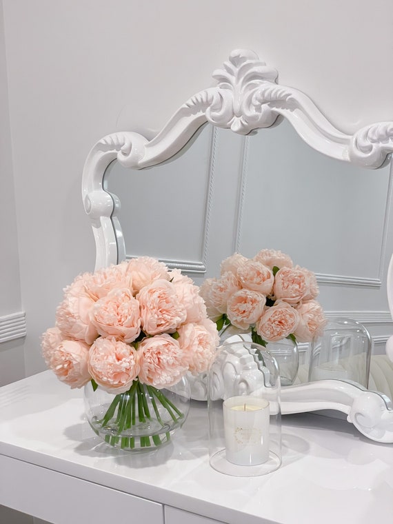 Pink Peach Peony Arrangement: Faux Floral Centerpiece in Glass Vase