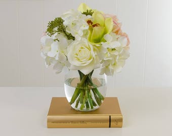 Real Touch White Roses Ivory Pink Tipped Roses Orchids/Hydrangeas Arrangement Artificial Faux in Bubble Glass Vase Home Decor