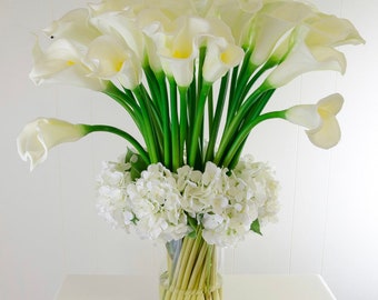 Large White Calla Lily Centerpiece: Real Touch Hydrangea Floral Arrangement