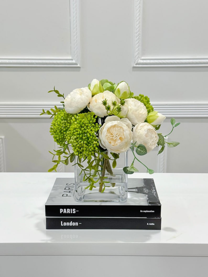 White Peonies and Hydrangea, Green Berries, Arrangement Artificial Faux Centerpiece, Elegant French Floral Centerpiece in Vase Home Decor