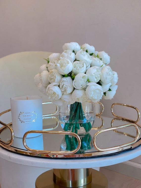 Bouquet De Pivoines Et Hortensias Artificiels Avec Vase – Fleurs En Soie, Hauteur 32 Cm - 4