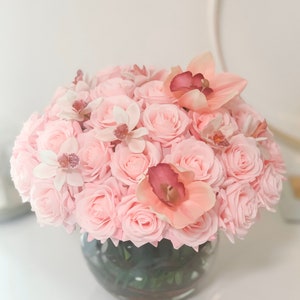 Real Touch Pink Rose Flower Arrangement-Rose Centerpiece-Rose Floral Arrangement-Centerpiece for Dining Table Real Touch Pink/White Orchid image 5