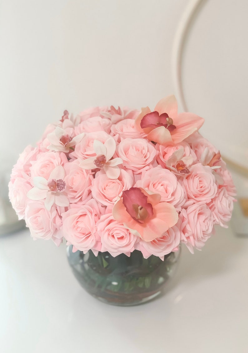 Real Touch Pink Rose Flower Arrangement-Rose Centerpiece-Rose Floral Arrangement-Centerpiece for Dining Table Real Touch Pink/White Orchid image 5