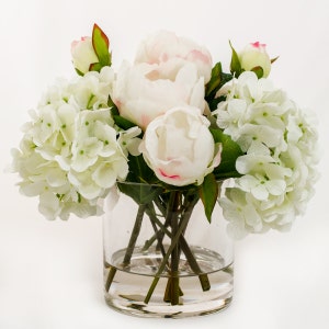 Large Peony Arrangement, Light Pink Silk Peonies Arrangement, Hydrangeas Artificial Faux Arrangement, Cylinder Glass Vase, Silk Centerpiece image 4