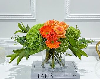Finest Artificial Arrangement real touch green hydrangea, orange daisies, roses Centerpiece, Modern Table Centerpiece,French Style Decor