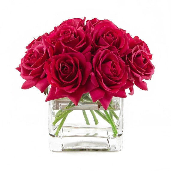 Real Touch Red Rose Arrangement Large In Square Glass Vase As Etsy