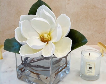 Real Touch Cream Magnolia Floral Arrangement: Glass Vase Centerpiece