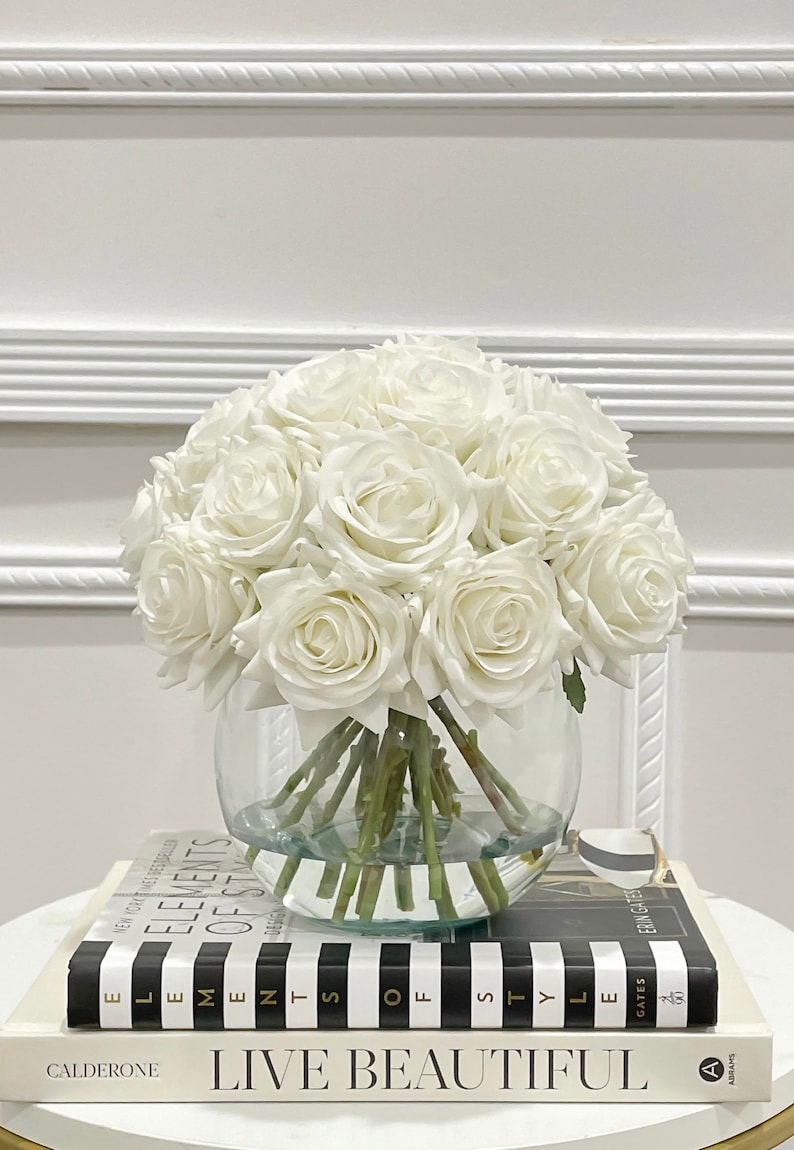 French Country Artificial Flowers Arrangement-Wedding Flower Arrangement-Real Touch White Roses Arrangement-White Rose Modern Centerpiece image 6
