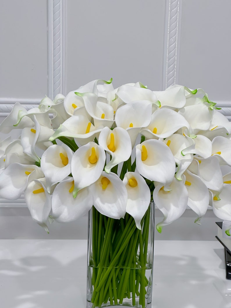 May include: A display of white calla lilies with yellow centres and green-edged petals, presented in a clear, square glass vase. The stems are bright green. The flowers are set against a white backdrop.