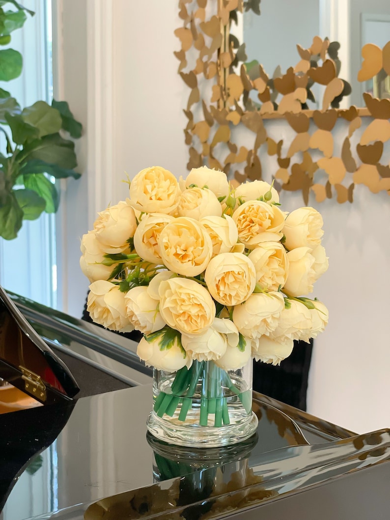 Yellow Peony Arrangement-Silk Peonies In Glass Vase-Peony Centerpiece-Artificial Faux Flower Arrangement-Home Decor Centerpiece With Modern Vase