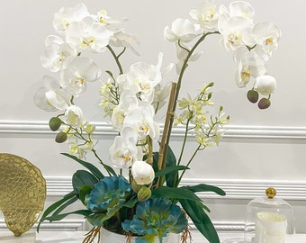 Luxury White Phalaenopsis Orchid Arrangement, Real Touch Orchid in White Vase | French Table Centerpiece | Floral Decor Arrangement