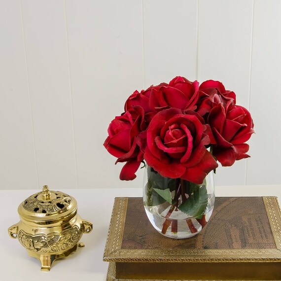 Real Touch Red Roses In Wine Vase Artificial Faux Flowers For Etsy