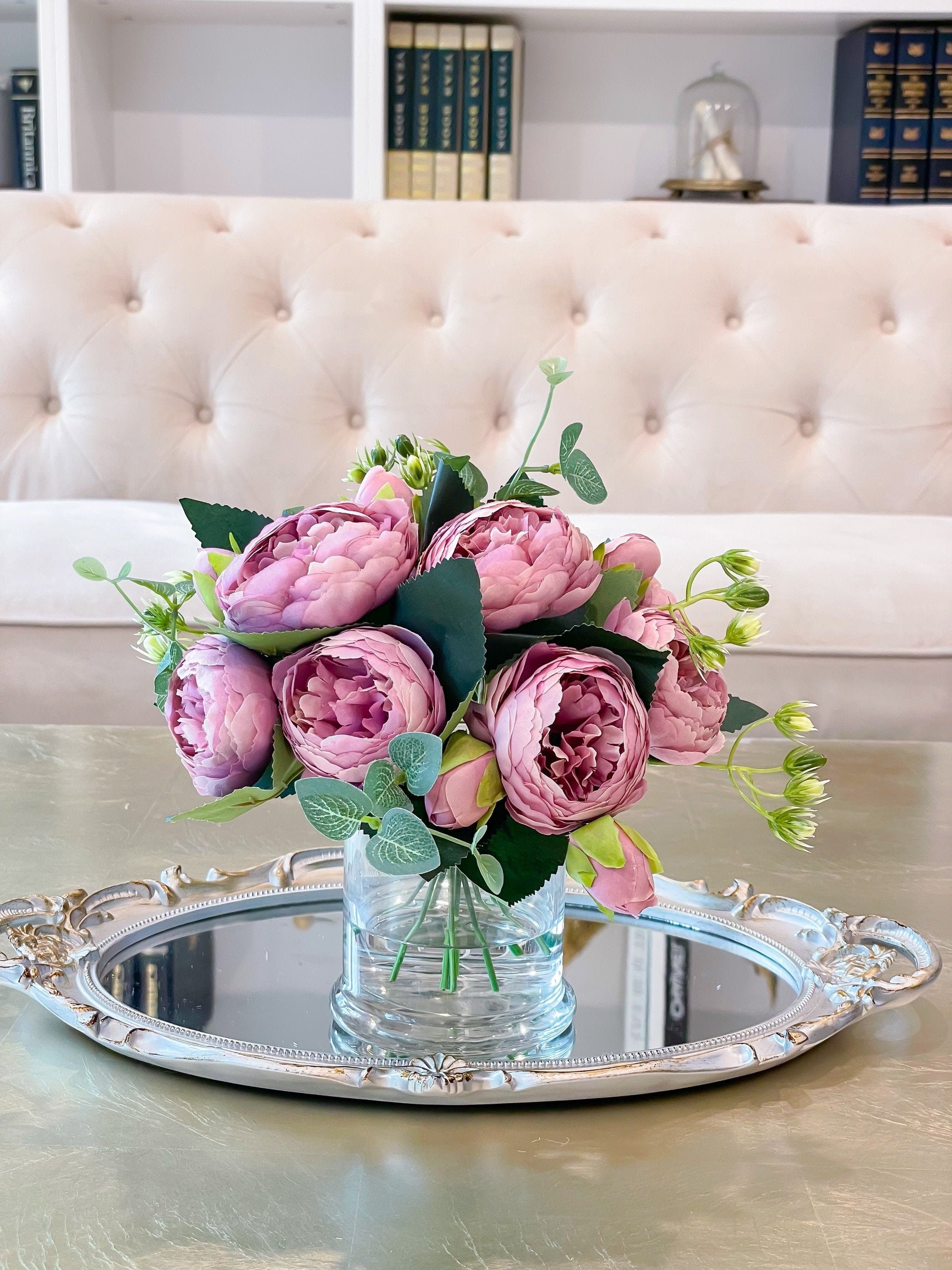 Purple Rose Peony Arrangement silk Peonies in Glass Vase peony