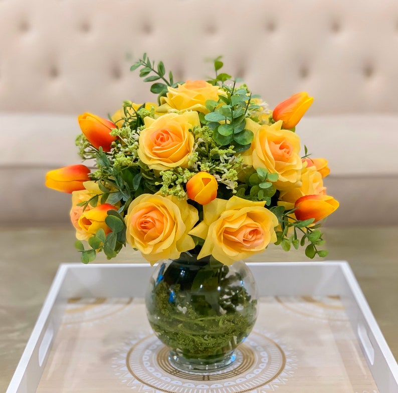 Real Touch Yellow Roses Centerpiece Real Touch Orange Tulips Etsy