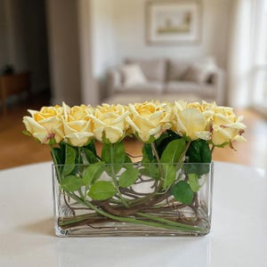 Real Touch Champagne Roses Arrangement: Rectangular Glass Vase Centerpiece