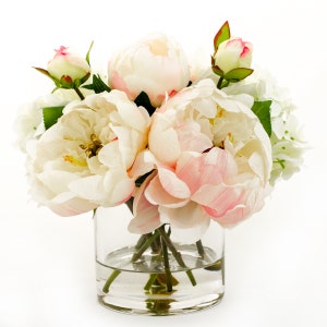 Large Peony Arrangement, Light Pink Silk Peonies Arrangement, Hydrangeas Artificial Faux Arrangement, Cylinder Glass Vase, Silk Centerpiece image 3