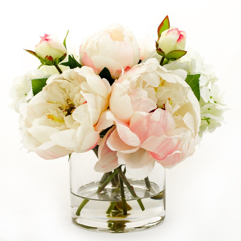 Large Peony Arrangement, Light Pink Silk Peonies Arrangement, Hydrangeas Artificial Faux Arrangement, Cylinder Glass Vase, Silk Centerpiece image 3