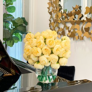 Yellow Peony Arrangement-Silk Peonies In Glass Vase-Peony Centerpiece-Artificial Faux Flower Arrangement-Home Decor Centerpiece image 2