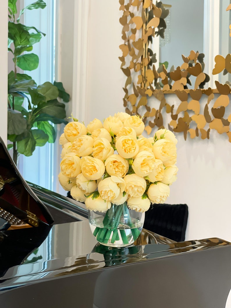 Yellow Peony Arrangement-Silk Peonies In Glass Vase-Peony Centerpiece-Artificial Faux Flower Arrangement-Home Decor Centerpiece image 2