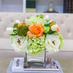 Large Silk Hydrangea with Large Finest White Rose and Tulip Arrangement, Dining Table Centerpiece Arrangement