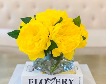 Real Touch Yellow Peony Arrangement: Modern Floral Centerpiece