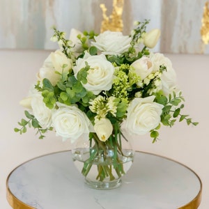 White Roses Centerpiece-Real Touch Rose Arrangement-Real Touch Flower Arrangement-Faux Floral Arrangement-Silk Flower Arrangement Roses