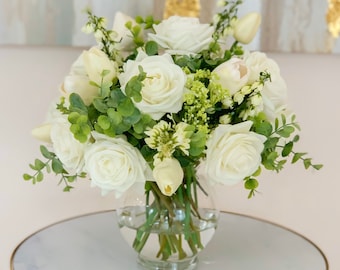 White Roses Centerpiece-Real Touch Rose Arrangement-Real Touch Flower Arrangement-Faux Floral Arrangement-Silk Flower Arrangement Roses