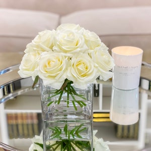 Bestseller-12 Real Touch Rose Arrangement-White Real Touch Flower Arrangement-Artificial Faux Silk Rose Centerpiece-Rose Floral Arrangement image 3