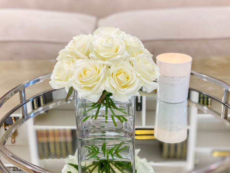 Bestseller-12 Real Touch Rose Arrangement-White Real Touch Flower Arrangement-Artificial Faux Silk Rose Centerpiece-Rose Floral Arrangement Off white/Cream