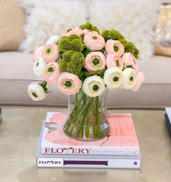Large Elegant Finest Artificial Ranunculus Arrangement In Glass Vase Pink White Artificial Flower Arrangement
