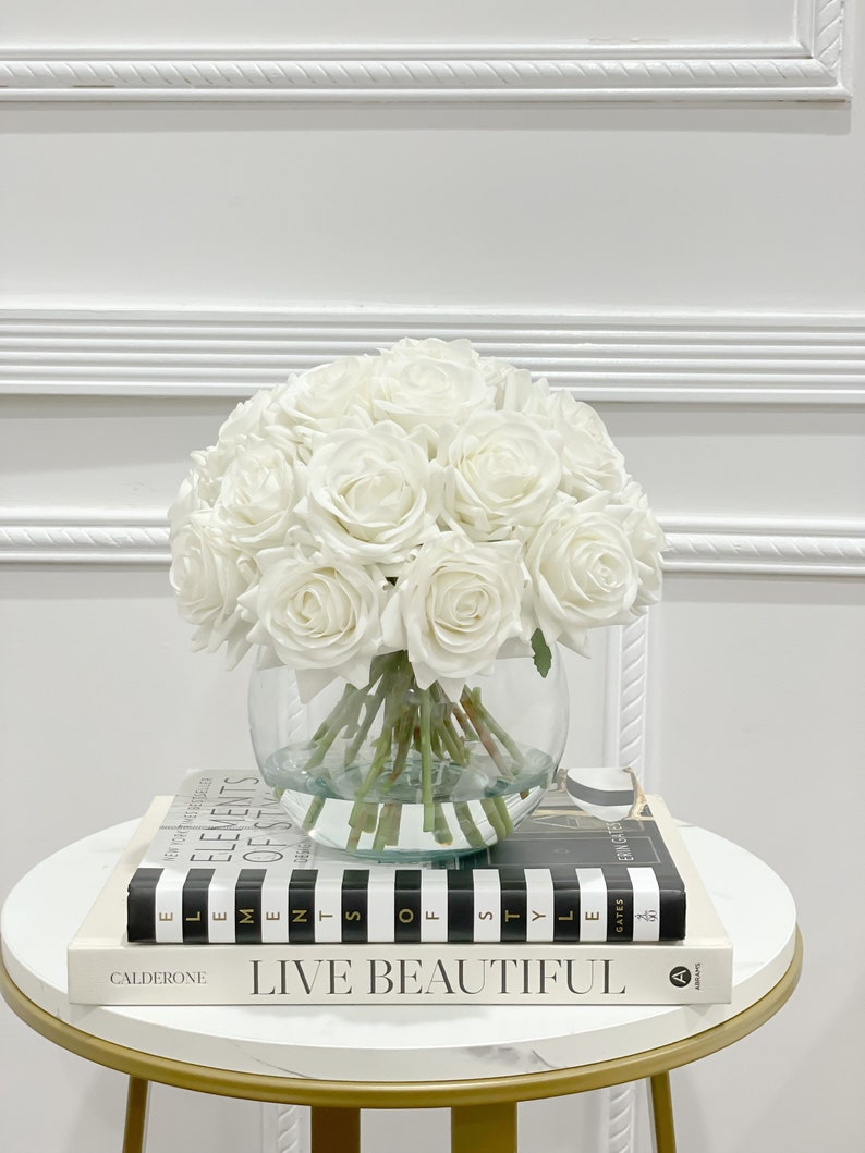 French Country Artificial Flowers Arrangement-Wedding Flower Arrangement-Real Touch White Roses Arrangement-White Rose Modern Centerpiece White